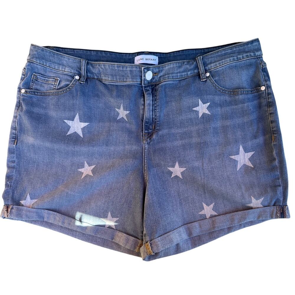 Lane Bryant Flex Magic Waistband Mid-Rise Boyfriend Midi Denim Shorts Star Print